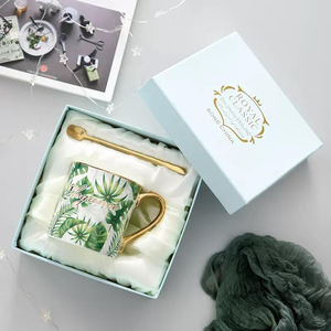Nordic Style Green Leaf Pattern Bone China <b>Coffee</b> Tea Mug Gold Rim Handle Gold Leaf <b>Filter</b> 450-500ml Capacity Business Gift Gift - Product Image 3
