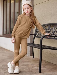 Set di abbigliamento Casual 2 pezzi in maglia a coste per bambine Pullover a maniche lunghe felpa con volant <span class=keywords><strong>Leggings</strong></span> taglie autunnali - Product Image 2