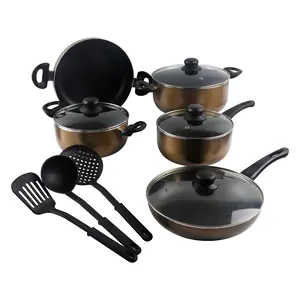 12-Piece Non-Stick Aluminium Cookware Set Bronze pressed aluminum cookware set with kitchen tools