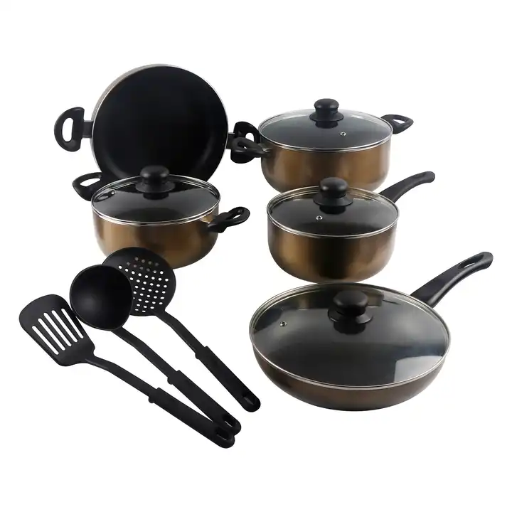 12-piece non-stick aluminium cookware set bronze