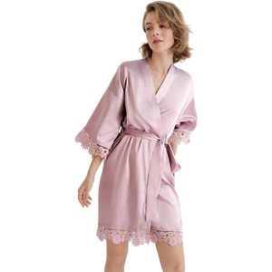 Sioro - Kimono corto de seda para mujer, cuello en V, manga tres cuartos, ribete de encaje, cintura cruzada de satén, bata de baño para fiesta de bodas o dama de honor - Product Image 1