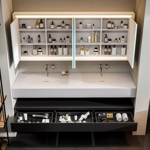 Meuble de salle de bain suspendu en bois d'hévéa, style hôtel de luxe léger, avec vasque intégrée et armoire miroir intelligente - Product Image 4