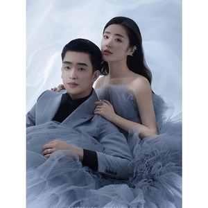 Strapless Tulle Wedding Dress Empire Waist Ball Gown Bright Steel Blue Studio Photography Bridal Gown - Product Image 3