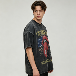 T-<span class=keywords><strong>shirt</strong></span> décontracté à manches courtes imprimé, coupe ample, style rétro, motif personnalisé, délavé à l'acide, avec rivets, par le fabricant Boxy Fit - Product Image 3