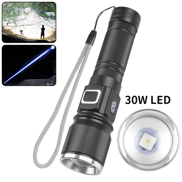 High Power 30W LED Rechargeable Flashlights High Lumens Type-C USB Tactical Torch 1000M Long Range Flashlight Camping Lantern