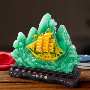 Smooth Sailing Imitation Jade Ornament Resin Sailboat Office <b>Desk</b> Decor Feng Shui Gift - Product Image 2