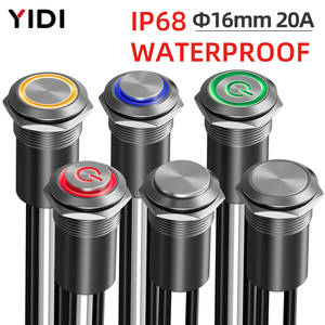 Interrupteur à bouton-poussoir métallique étanche IP68 16 mm 20 A 1NO avec anneau LED, momentané, à verrouillage, scellé avec colle, fil de connexion - Product Image 2