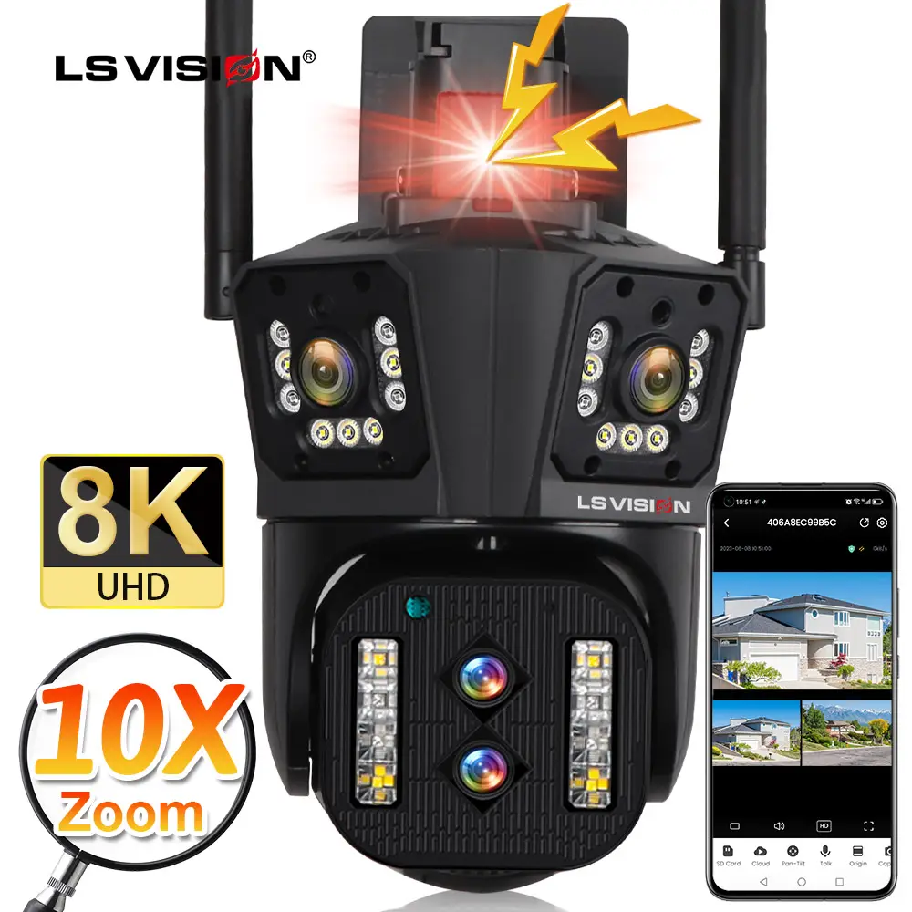 LS VISION Ultra 8K 10X Zoom óptico Cámara inalámbrica Multillente Gran angular CCTV Wifi PTZ Cámara de audio para exteriores con cuatro lentes