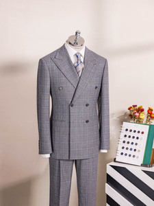 Blazer <span class=keywords><strong>costume</strong></span> d'affaires gris coupe ajustée pour <span class=keywords><strong>homme</strong></span> Manteau en laine à double boutonnage à la mode <span class=keywords><strong>Demi</strong></span>-doublure à carreaux Respirant Plus Size Summer - Product Image 4