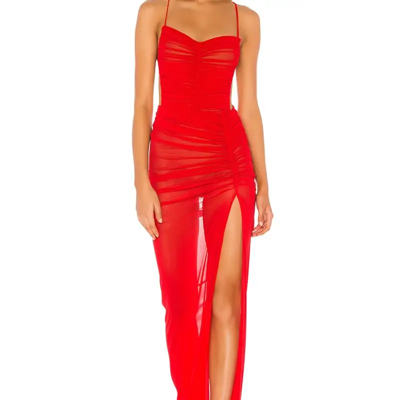 OEM gute qualität hersteller damen netz sexy maxibad kleid rückenfrei gerüschte spaghettiträger kleid