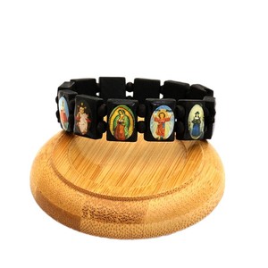 Virgin Mary Jesus Catholic Orthodox Prayer Faith Jewelry Gift Rectangle Wooden <b>Stretch</b> Beaded <b>Bracelet</b> - Product Image 3