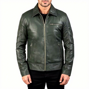 Veste en cuir véritable vert pour homme, col rabattable, fermeture éclair, poche poitrine, en peau de mouton, style motard olive, effet vieilli, sur mesure, vêtement d'extérieur hiver - Product Image 1