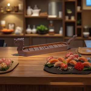 Bandeja Tradicional Japonesa de Madera para Servir <span class=keywords><strong>Sushi</strong></span> y Sashimi - Plato Grande de Madera de Pino con Diseño de Barco Dragón para Restaurantes, Venta al por Mayor - Product Image 3