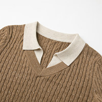 Pull en tricot torsadé à col contrastant pour femme, pull tricoté moucheté à manches longues et col en V effet deux pièces pour l'automne 2609-33b