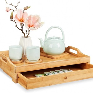 Bamboo Double Layer <b>Tea</b> <b>Tray</b> With Drawer For Home Desktop Storage And Serving - Product Image 1