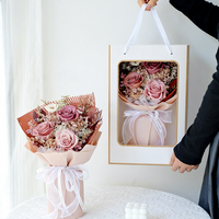 Buket Mawar Abadi Kering Alami Warna Pink Antik dalam Kotak Persegi untuk Pernikahan, Natal, Hari Valentine