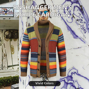 Cardigan ample à rayures pour homme, style automne, pull oversize coloré, technique de tricot plat, manteau tendance - Product Image 2