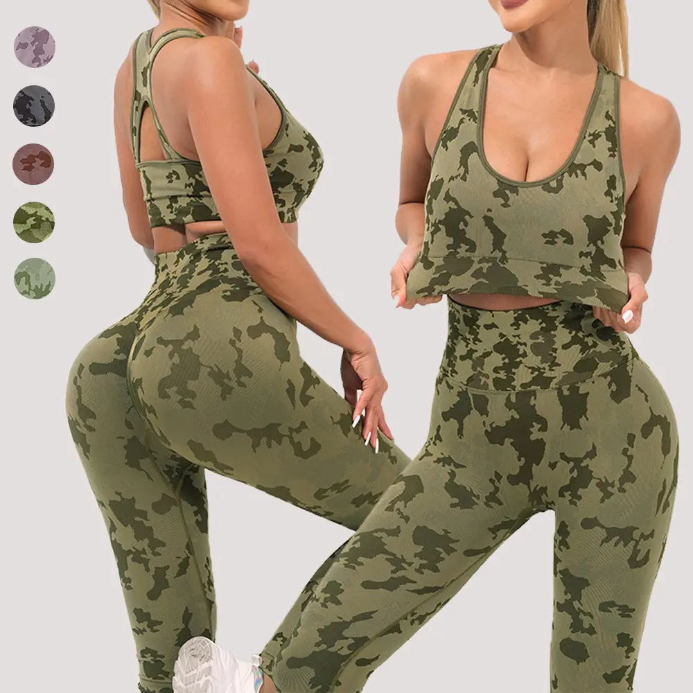 Nahtloser Camo Sporta nzug Active wear für Frauen Abnehmbarer Cup BH Yoga Leggings Gym Fitness Sets Workout Running Outfit Kleidung