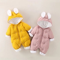Romper Bayi Berkerudung Musim Dingin, Telinga Kelinci 3D, Patch Boneka Kelinci, Saku Bunga, Jumpsuit Salju Bayi Berlapis Ritsleting