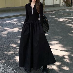 Black Knit Midi <b>Dress</b> Women <b>Elastic</b> Waist Polo Neck Zipper Solid Color Polyester Autumn Winter 2025 High End Slim Fit - Product Image 3