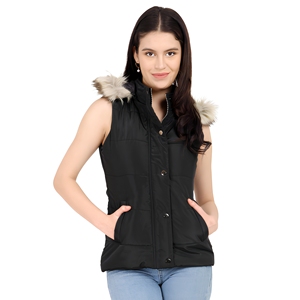 Gilet matelassé noir sans manches pour femme avec capuche en fourrure, vêtement d'extérieur décontracté, longueur standard, couleur unie, fermeture à simple boutonnage - Product Image 1