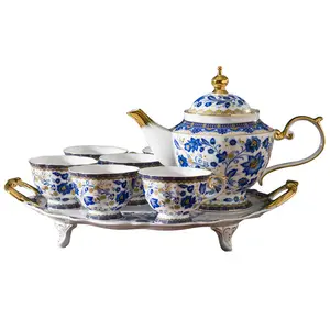 Popular Blue Flower Design Luxury European Style Customize Design Fine Gift Wedding Coffee Cup Tea Pot Sets Ceramic Cup Saucers