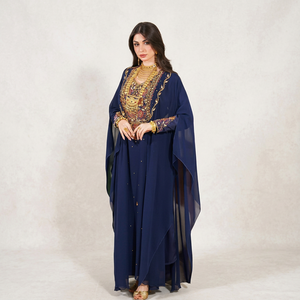 Vestido de Noche Largo y Sencillo para Mujer, Marca Awais House, Color Azul Marino, Chifón Sólido, Bordado, con Cuello en V y Mangas Largas - Product Image 1
