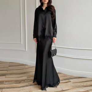 Ensemble robe longue pour femme, café, polyester, dentelle, patchwork, style décontracté, style européen, tenue longue - Product Image 3