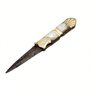 มีดพับพกพาพับได้ทำจากเหล็กดามัสกัสแบบพรีเมี่ยมด้ามจับไข่มุกหมอนข้างทองเหลืองสำหรับการผจญภัยกลางแจ้งตั้งแคมป์ - Product Image 1