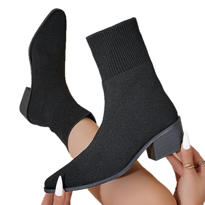 Bottines mi-mollet en tricot extensible style rétro pour <span class=keywords><strong>femme</strong></span>, à bout pointu, talon carré, semelle en caoutchouc antidérapante, à enfiler, élastiques, chaussures de mode - Product Image 6