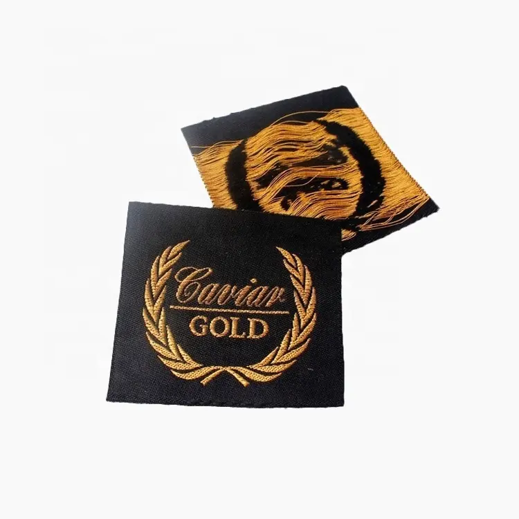 Étiquettes en tissu de luxe avec Logo doré Jacquard, vente à chaud, pour vêtements, 50 pièces