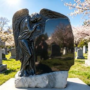 Stèle funéraire en granit noir à ailes ouvertes avec statue d'ange blanche, motif floral et colombe gravé, marqueur commémoratif de cimetière - Product Image 6