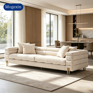 Modern Luxury Three Seat Rectangle Chesterfield Fabric <b>Sofa</b> with Multi-Layer Armrest Upholstered Design and Gold Metal Legs - Product Image 2