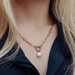 Kalung Penahan Liontin Lapis Emas 18k Anti Kusam, Perhiasan Wanita Minimalis, Kalung Rantai Paperclip Baja Tahan Karat dengan Kancing Tekan - Product Image 2