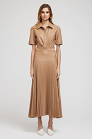 Bekleidungs hersteller Custom Spring Autumn Khaki Turn Down Neck Kurzarm Elegant Casual Women Plissee Leder kleid