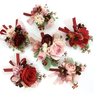 Red Series Rose Berry Nhân Tạo Cổ Tay Corsage Vòng Tay Và Đàn Ông Boutonniere Set