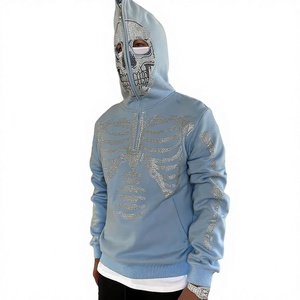 Sweat-shirt à capuche gothique pour homme avec imprimé squelette en strass, coupe oversize, manches classiques, en polyester tricoté, streetwear d'automne - Product Image 3