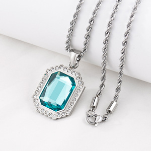 Collier pendentif en chaîne à maillons en acier inoxydable avec pierre précieuse bleue sertie pavé, design géométrique, bijoux de mode unisexe - Product Image 3