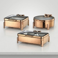 Conteneur de buffet en verre résistant à la chaleur avec finition martelée or rose, support robuste, capacité 6L/9L, maintien au chaud 48 heures