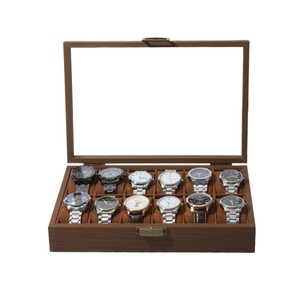 Usine Vente Directe <span class=keywords><strong>Vintage</strong></span> 12 Fentes En Bois De <span class=keywords><strong>Noyer</strong></span> Foncé Montre Organisateur Boîte avec Couvercle En Verre - Product Image 1