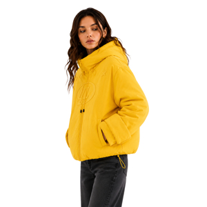Blouson mat jaune matelassé à capuche pour femme avec motif gaufré, manteau court d'hiver isolé, vêtement d'extérieur à cordon de serrage réglable - Product Image 2
