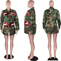 Veste en Jean pour femme, manteau en Denim, avec poches, paillettes lèvre imprimées, style Camouflage