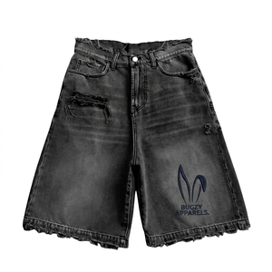 BUGZY APPARELS Pantalones Cortos de Mezclilla para Hombre, de Cintura Alta, Estilo Desgastado, Pierna Recta, Casuales de Verano, de Algodón Lavado, Diseño Roto, Estilo Urbano, Jorts - Product Image 1