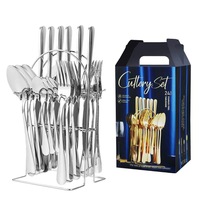 Ensemble de couverts Dinyon en acier inoxydable 24 pièces, manches en plastique, finition miroir, couteau à steak, fourchette, cuillère, boîte cadeau pour mariage et fête