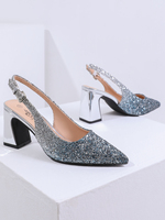 Chaussures à talons blocs pour femme, à bout pointu, à bride arrière, ornées de paillettes bleues et argentées, idéales pour les invitées de mariage