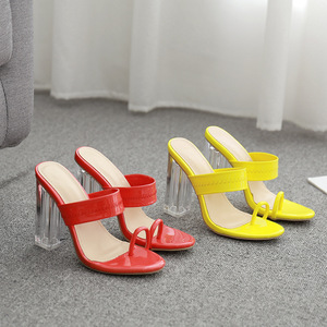 CSS59 da donna con tacco estivo giallo rosso punta Mules con chiusura superiore Slip-On in raso con tacco trasparente - Product Image 4