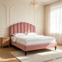 Modernes Rosa Samtbezogenes Plattformbett mit Gewelltem Muschelkopfteil Bettgestell Queensize Schlafzimmermöbel