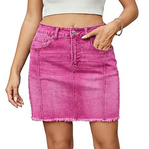 Mini-jupe en jean rose taille haute, couleur unie, effet usé, style moulant décontracté pour femme, idéale pour l'été - Product Image 1