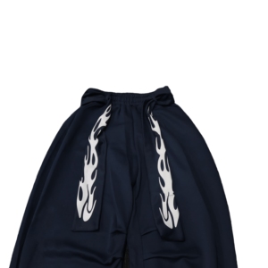 Pantalon de survêtement bleu marine pour hommes, imprimé flamme, taille élastique, coupe ample, décontracté, avec poches, logo blanc sur la jambe droite - Product Image 5