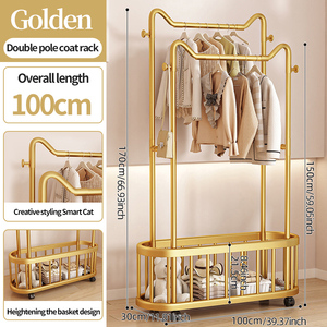 Perchero Doble Dorado de Tres Niveles de 80 cm, Organizador de Ropa Metálico con Cesta de Almacenamiento y Ruedas, Diseño Moderno con Recubrimiento en Polvo - Product Image 4